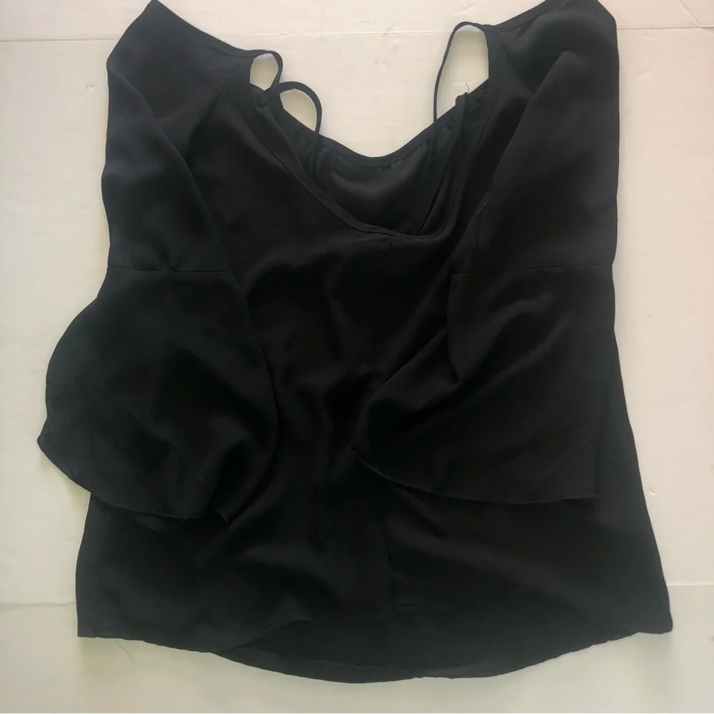 Lovely Day Top S Black Sheer Off Shoulder Cross Strap Back Slit Flare Sleeve VTG